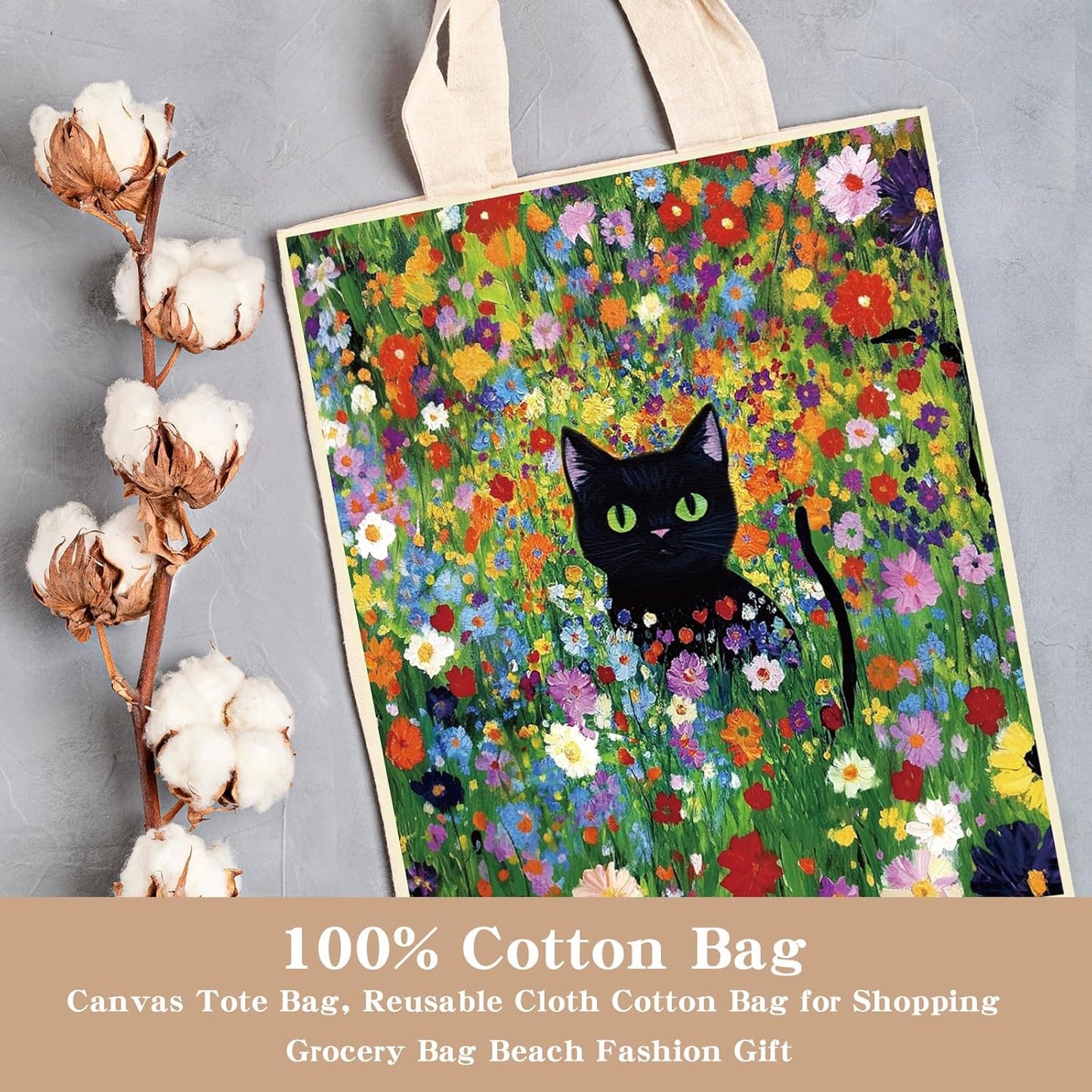 Black Cat Canvas Tote Bag – Cute Floral Gift for Cat Lovers, Shopping or Travel
