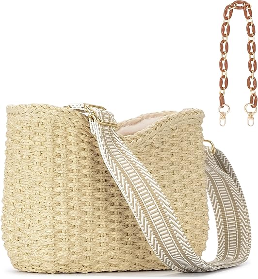 Small Straw Crossbody Bag for Women – Handmade Woven Purse with Chain