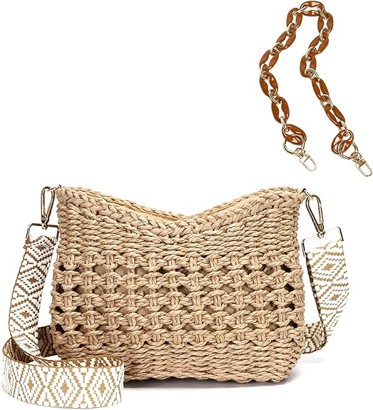 Small Straw Crossbody Bag for Women – Handmade Woven Purse with Chain