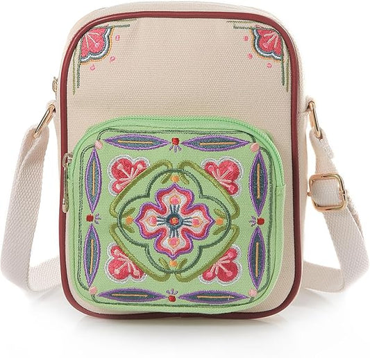 Embroidered Canvas Crossbody Bag – Small Lightweight Shoulder Purse