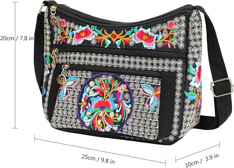 Embroidered Canvas Small Crossbody Bag with 3 Zippers – Phone Purse for Women