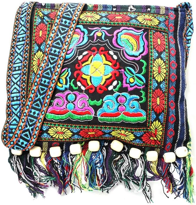 Boho Embroidered Sling Bag – Vintage Tribal Tassel Crossbody Purse