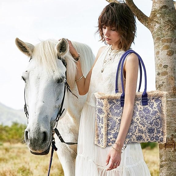 Boho Canvas Tote Bag for Women – Ethnic Style Shoulder Bag with Tassels