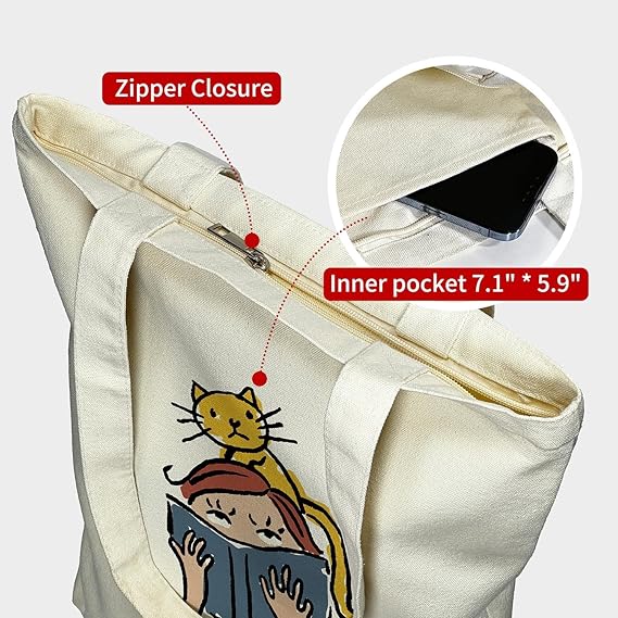 Canvas Tote Bag for Women – Aesthetic Zipper Bag for Work, Travel & Shopping