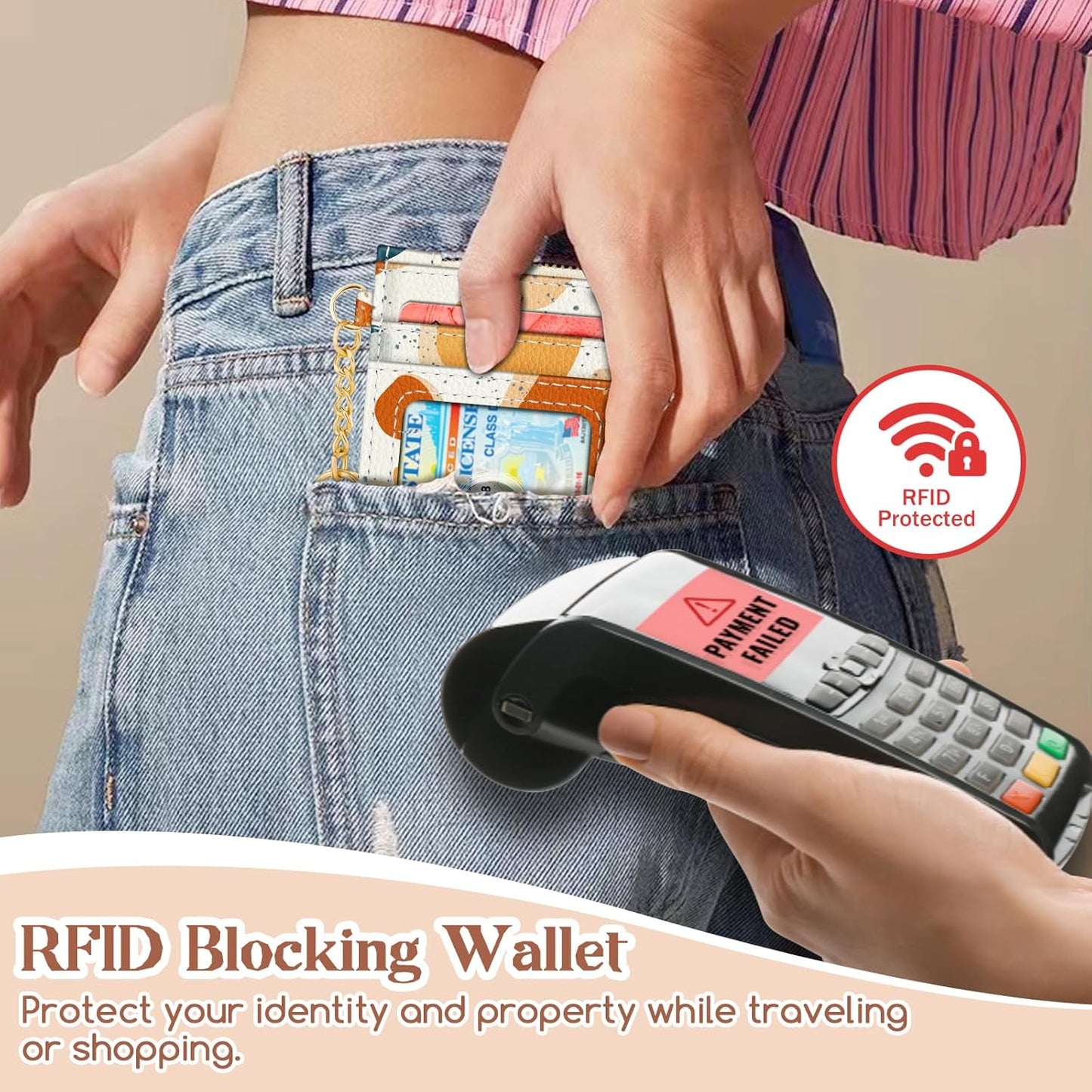 Slim RFID Wallet for Women – Pink PU Leather Card Holder with Zipper