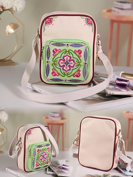 Embroidered Canvas Crossbody Bag – Small Lightweight Shoulder Purse