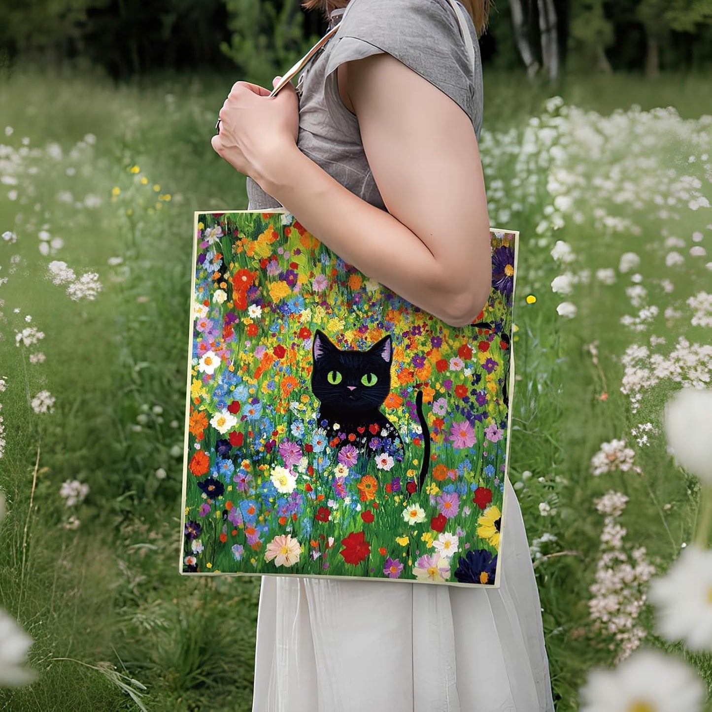Black Cat Canvas Tote Bag – Cute Floral Gift for Cat Lovers, Shopping or Travel
