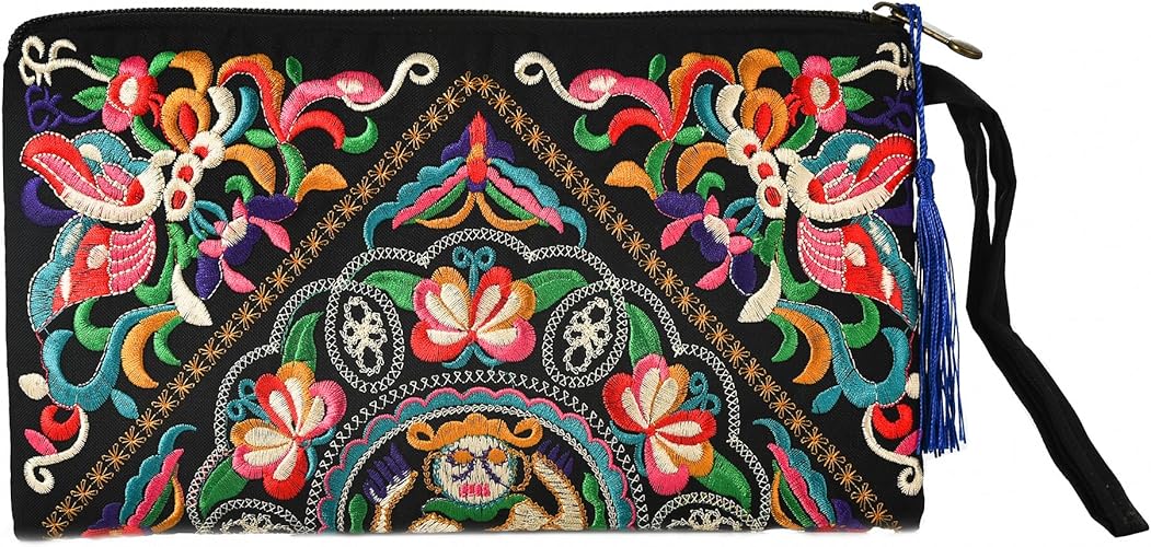 Boho Floral Embroidered Wristlet Clutch Bag for Women & Girls