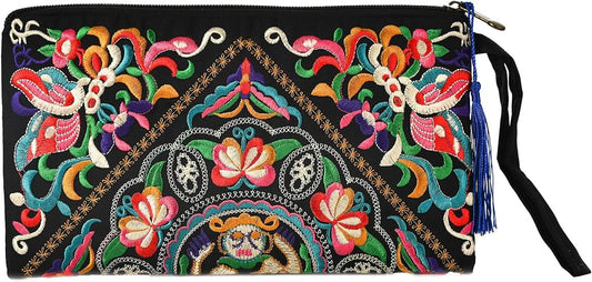Boho Floral Embroidered Wristlet Clutch Bag for Women & Girls
