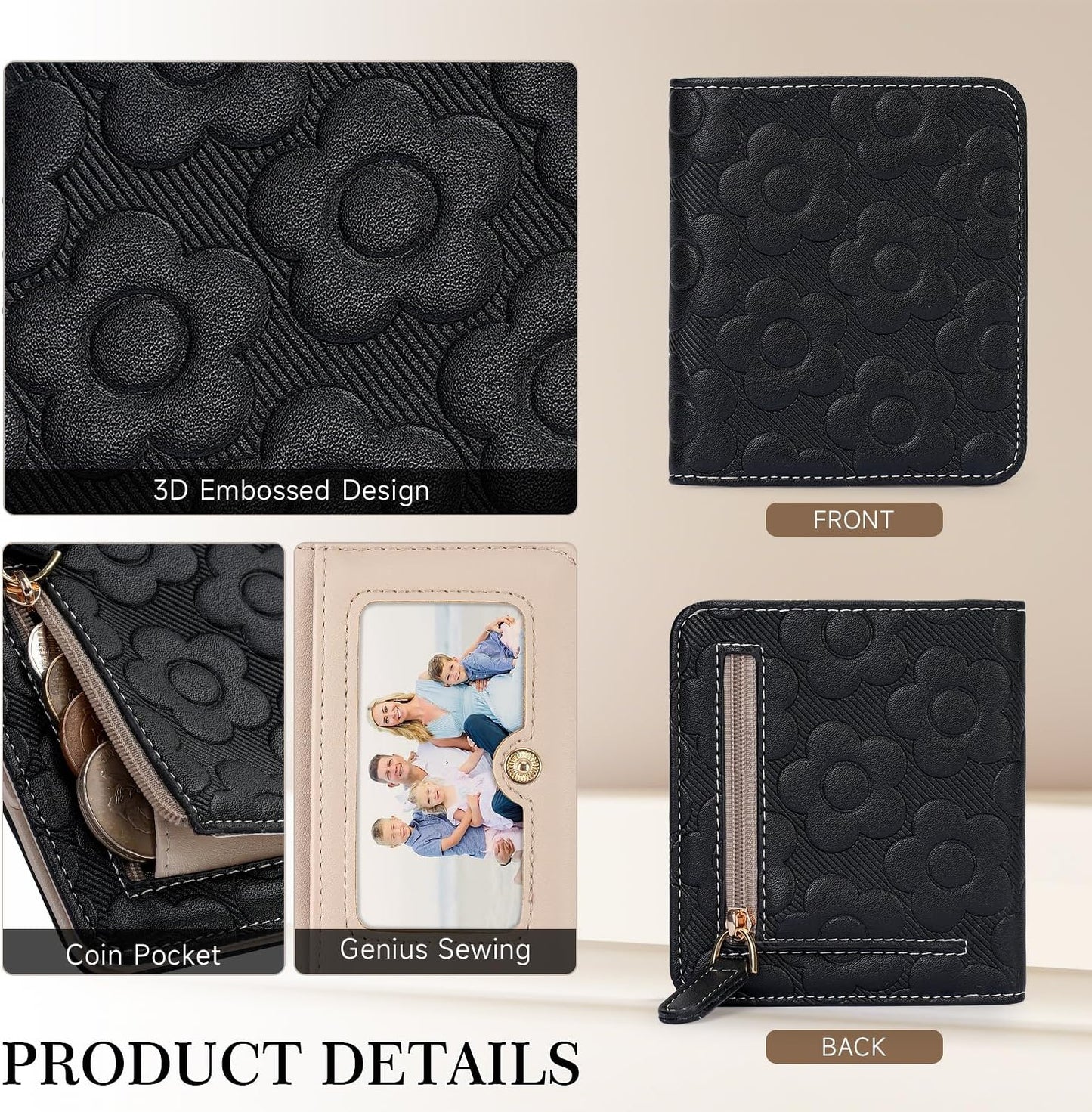 Slim RFID Leather Wallet for Women – Embossed Flower Bifold with Zipper