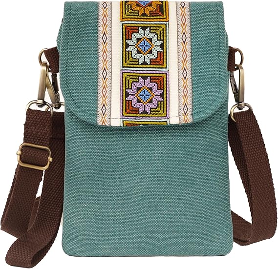 Vintage Embroidered Canvas Crossbody Phone Pouch – Small Wallet Bag