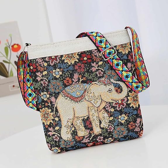 Mini Boho Elephant Crossbody Bag – Handmade Hemp Hobo Purse with Zipper for Women