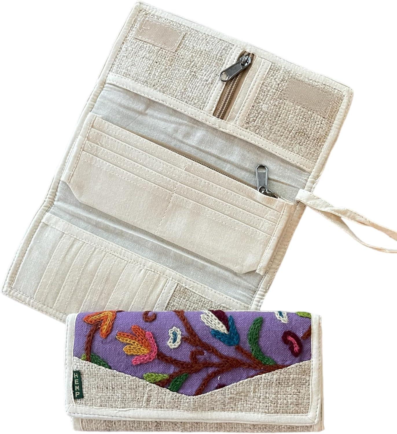 Hemp Tri-Fold Wallet with Embroidery – Eco-Friendly Handmade Purse