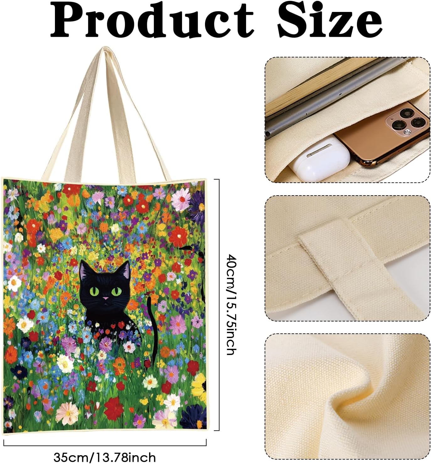 Black Cat Canvas Tote Bag – Cute Floral Gift for Cat Lovers, Shopping or Travel