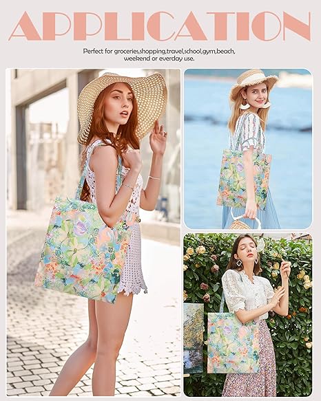 Floral Canvas Tote Bag for Women – Reusable Cotton Shoulder Beach Bag