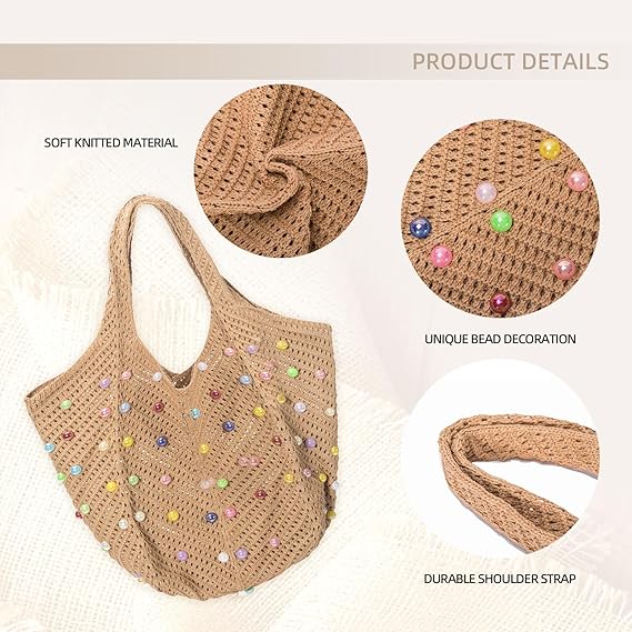 Boho Crochet Beach Tote Bag – Summer Knit Shoulder Bag with Beads