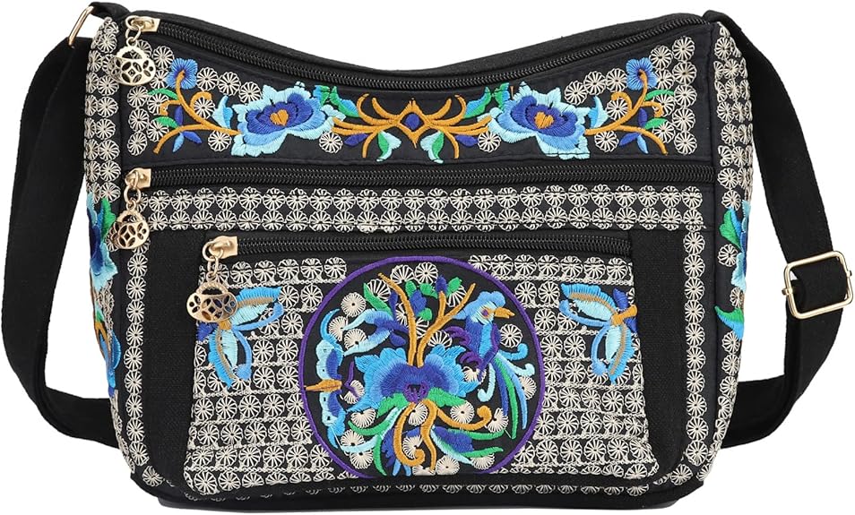 Embroidered Canvas Small Crossbody Bag with 3 Zippers – Phone Purse for Women