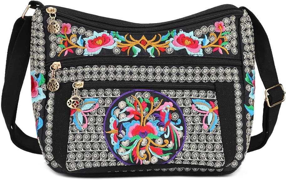 Embroidered Canvas Small Crossbody Bag with 3 Zippers – Phone Purse for Women