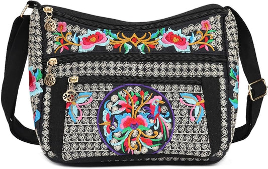Embroidered Canvas Small Crossbody Bag with 3 Zippers – Phone Purse for Women