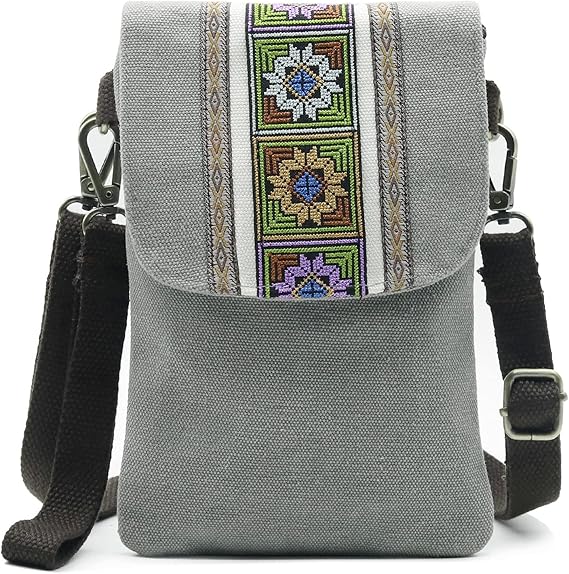 Vintage Embroidered Canvas Crossbody Phone Pouch – Small Wallet Bag