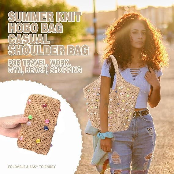 Boho Crochet Beach Tote Bag – Summer Knit Shoulder Bag with Beads