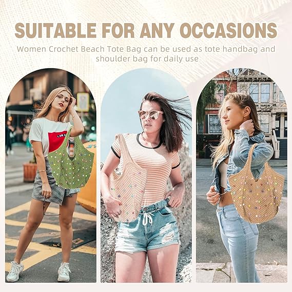 Boho Crochet Beach Tote Bag – Summer Knit Shoulder Bag with Beads