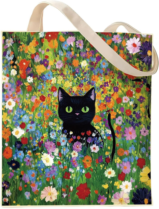 Black Cat Canvas Tote Bag – Cute Floral Gift for Cat Lovers, Shopping or Travel