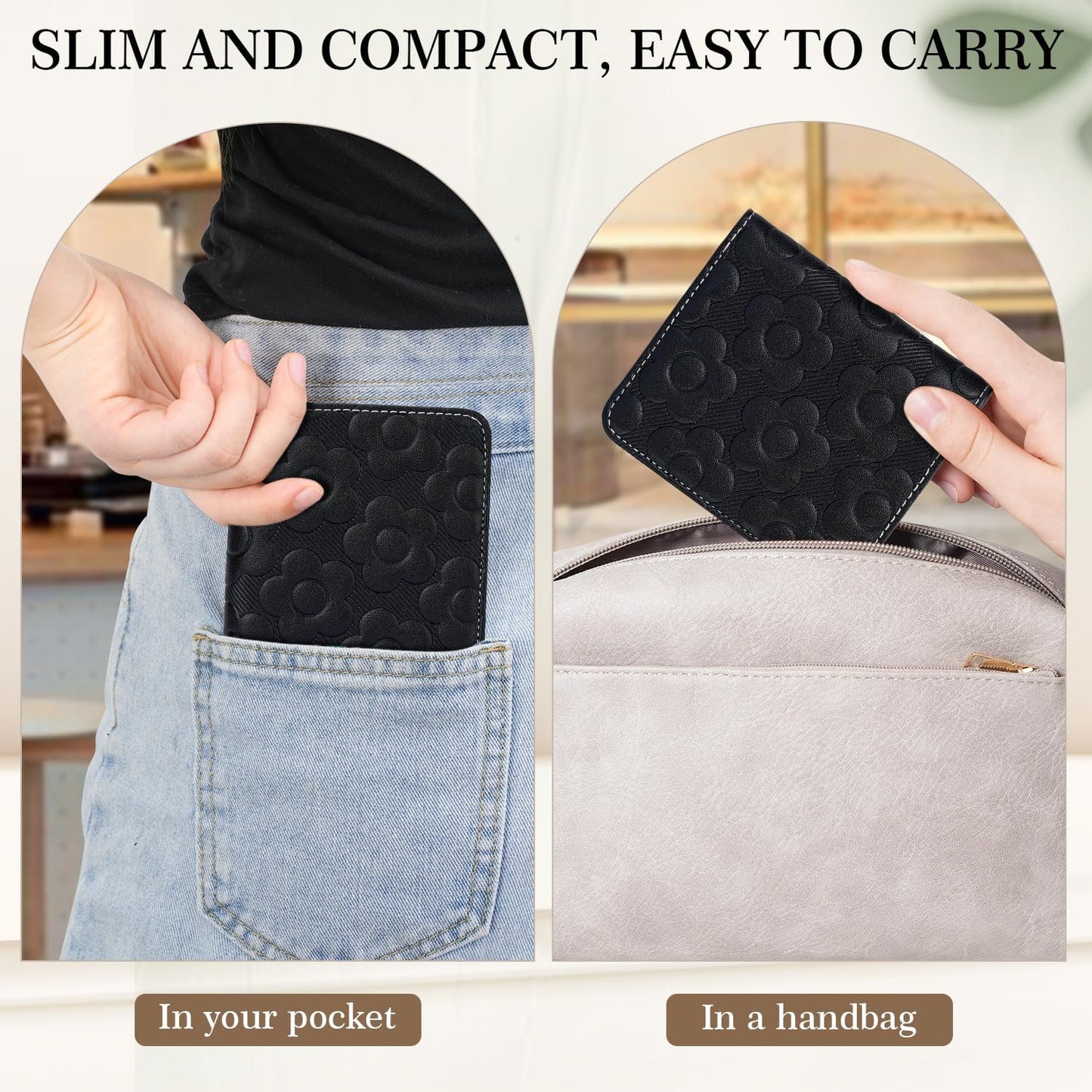 Slim RFID Leather Wallet for Women – Embossed Flower Bifold with Zipper