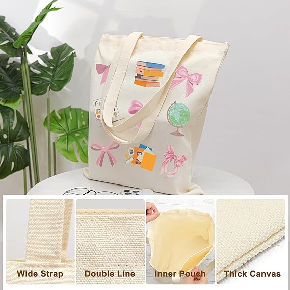 Reusable Canvas Tote Bag with Pockets – Shopping & Grocery Bag for Women