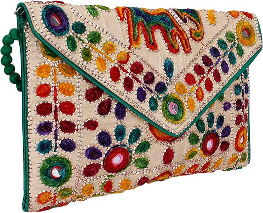 Jaipuri Art Sling Bag – Foldover Clutch Purse with Traditional Indian Embroidery