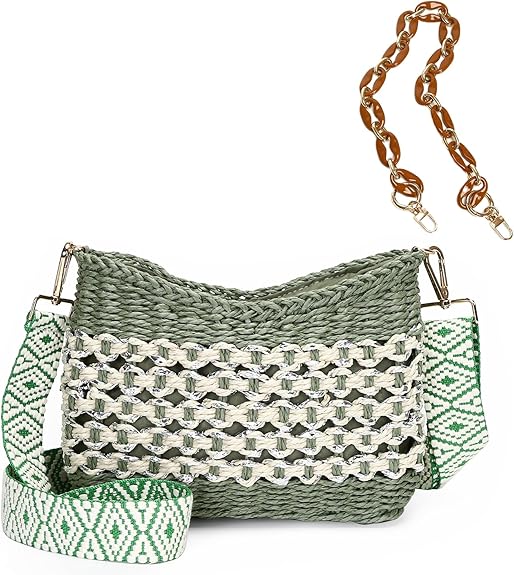 Small Straw Crossbody Bag for Women – Handmade Woven Purse with Chain