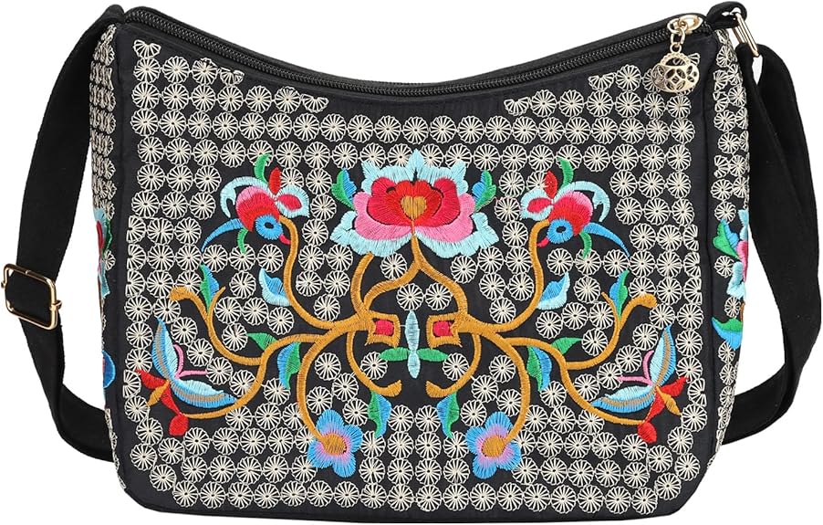 Embroidered Canvas Small Crossbody Bag with 3 Zippers – Phone Purse for Women
