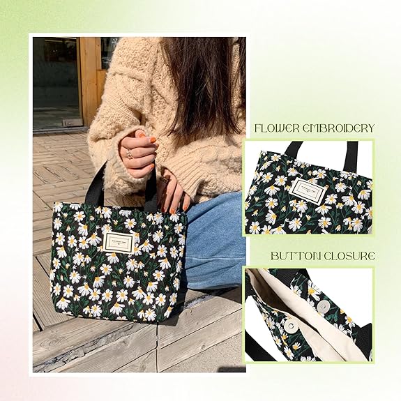 Embroidered Canvas Tote Bag – Small Floral Hobo Purse for Women