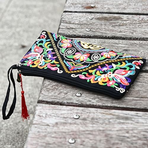 Boho Floral Embroidered Wristlet Clutch Bag for Women & Girls