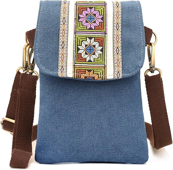 Vintage Embroidered Canvas Crossbody Phone Pouch – Small Wallet Bag