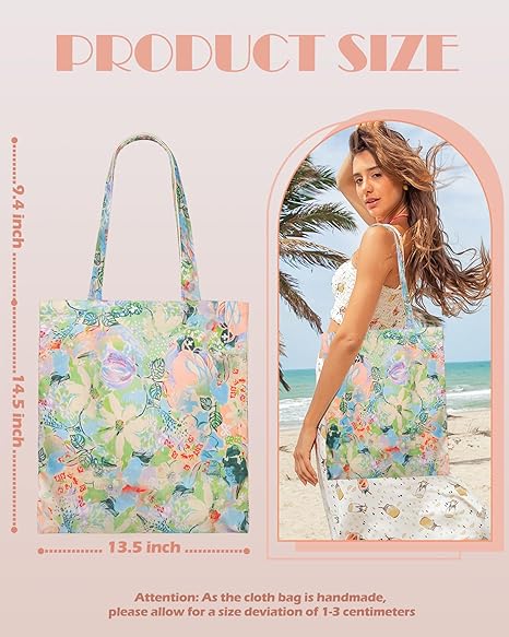 Floral Canvas Tote Bag for Women – Reusable Cotton Shoulder Beach Bag