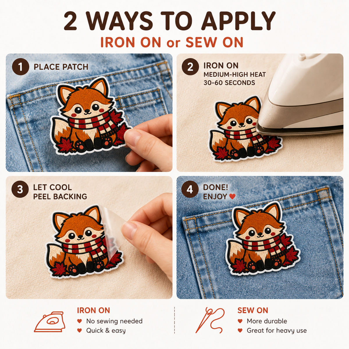 Autumn Fox Embroidered Iron-On Patch – Cozy Fall Fox with Scarf Applique