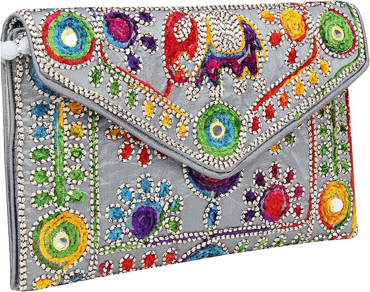 Jaipuri Art Sling Bag – Foldover Clutch Purse with Traditional Indian Embroidery