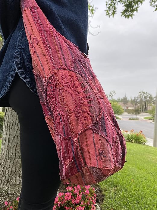 Hand Embroidered Boho Crossbody Bag – Peace & Sunrise Design for Free-Spirited Style