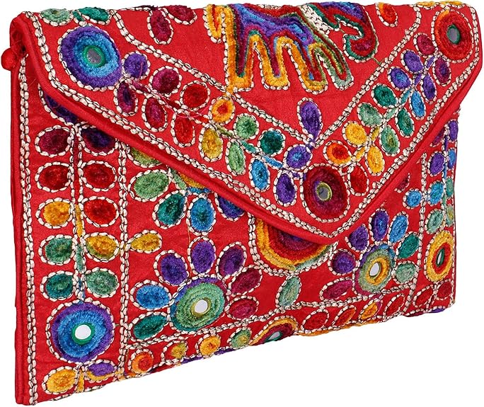 Jaipuri Art Sling Bag – Foldover Clutch Purse with Traditional Indian Embroidery