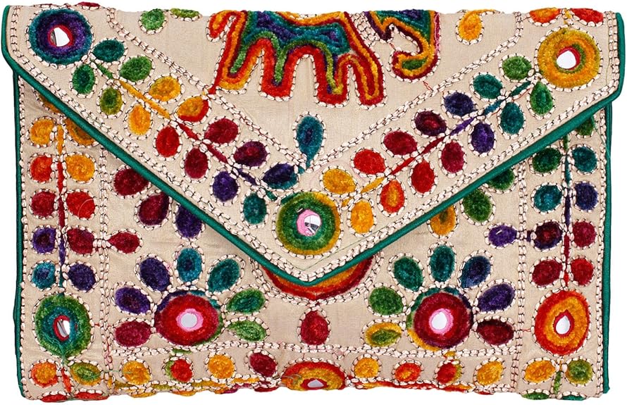 Jaipuri Art Sling Bag – Foldover Clutch Purse with Traditional Indian Embroidery