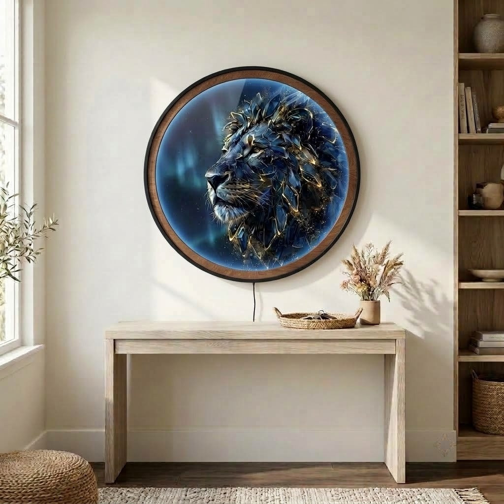 Midnight Crystal Lion – Handcrafted LED Wall Art