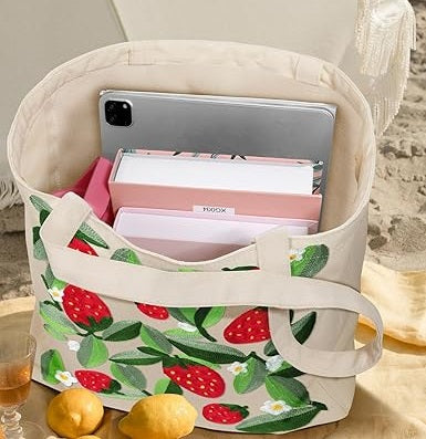 Cute Canvas Embroidery Tote Bag for Women – Reusable Shoulder Bag
