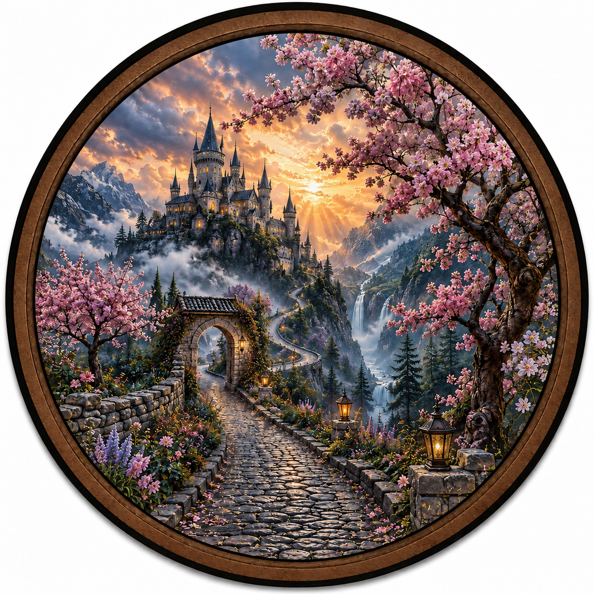 Enchanted Blossom Castle – Handcrafted Round LED Wall Art