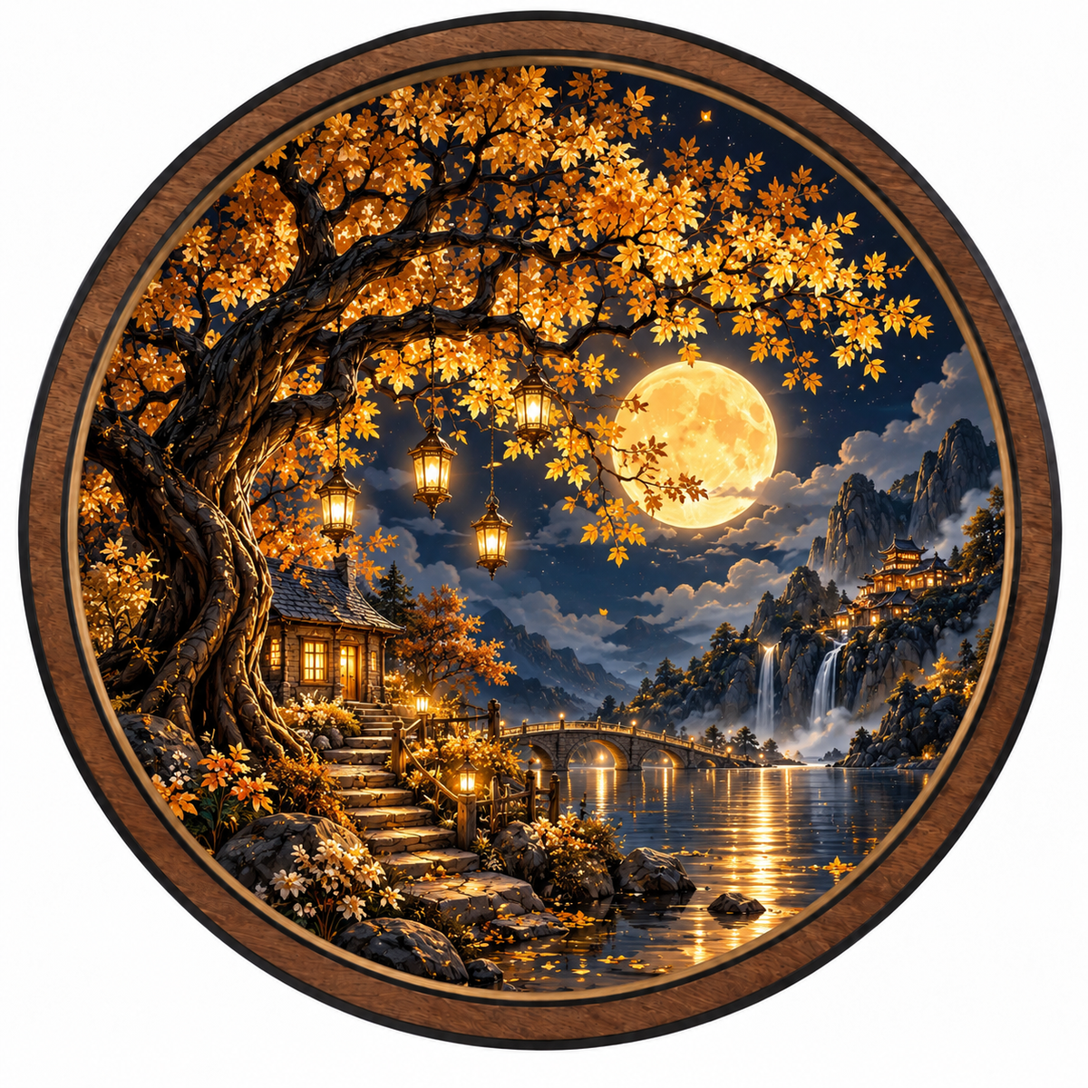 Golden Moon Sanctuary Fantasy Landscape LED Wall Art