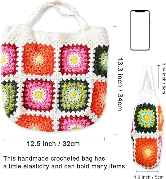 Handmade Crochet Tote Bag, Knitted Handbag Design with Granny Square Purce
