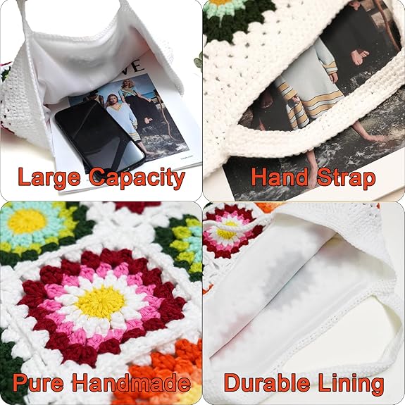 Handmade Crochet Tote Bag, Knitted Handbag Design with Granny Square Purce