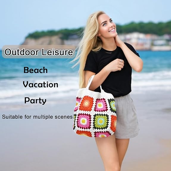Handmade Crochet Tote Bag, Knitted Handbag Design with Granny Square Purce