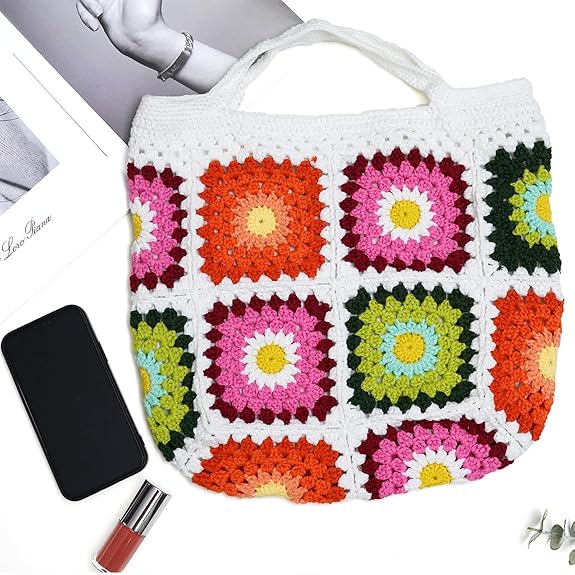 Handmade Crochet Tote Bag, Knitted Handbag Design with Granny Square Purce