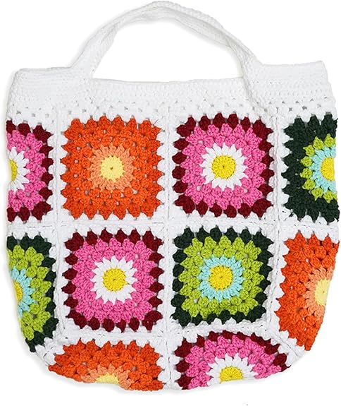 Handmade Crochet Tote Bag, Knitted Handbag Design with Granny Square Purce